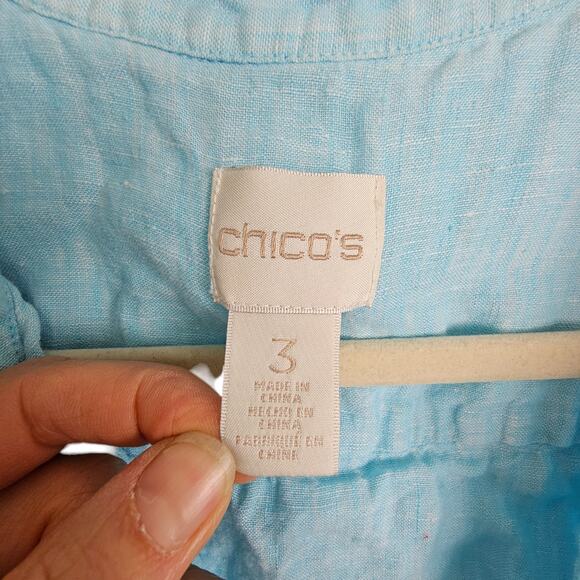 Chico's Top Tunic Top Women 3 US XL Blue Linen Tunic Top Tunic Tank Top Pockets - Picture 5 of 7